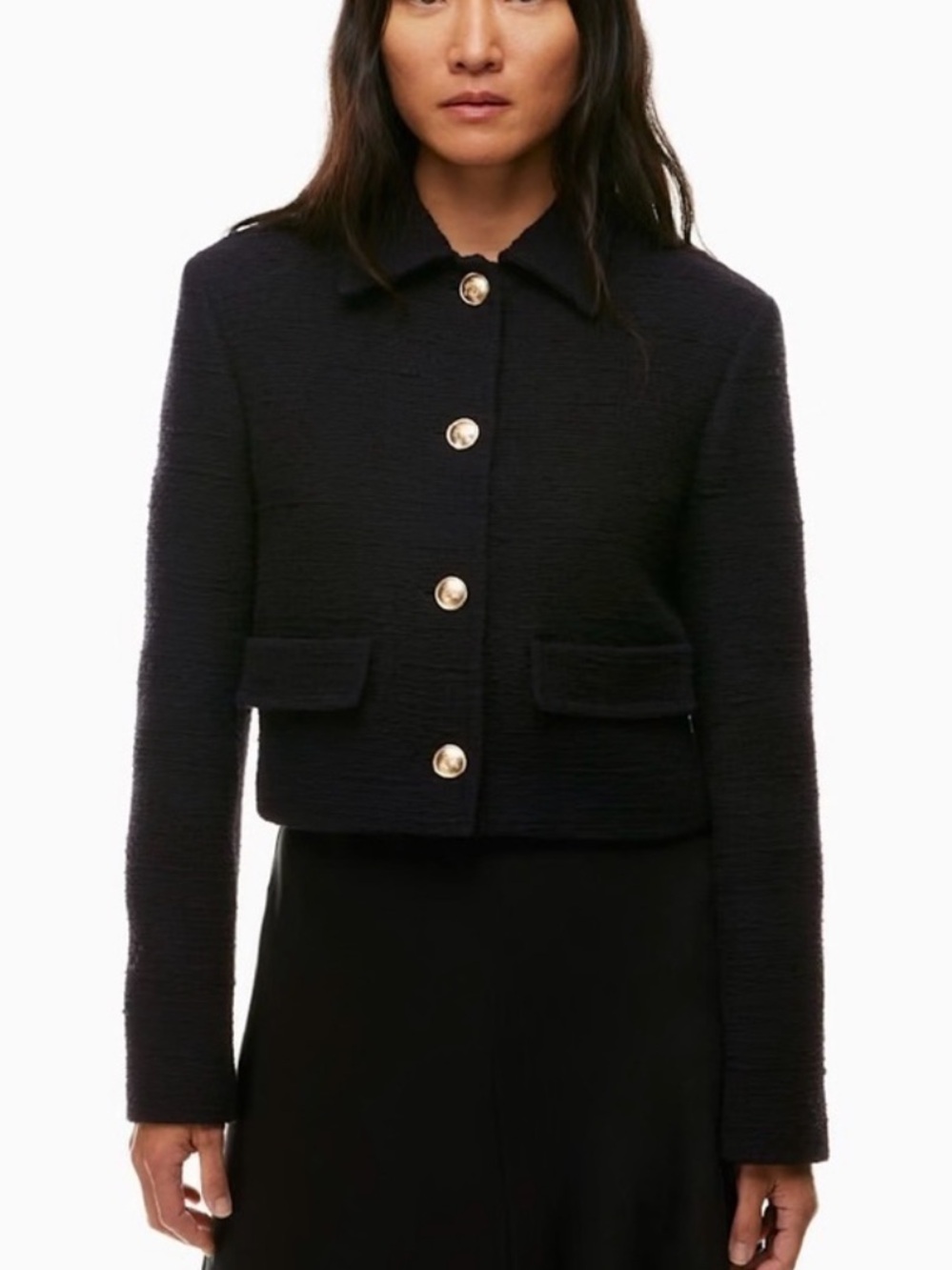 Aritzia Babaton Cropped Frances Black Button-Front Tweed Jacket